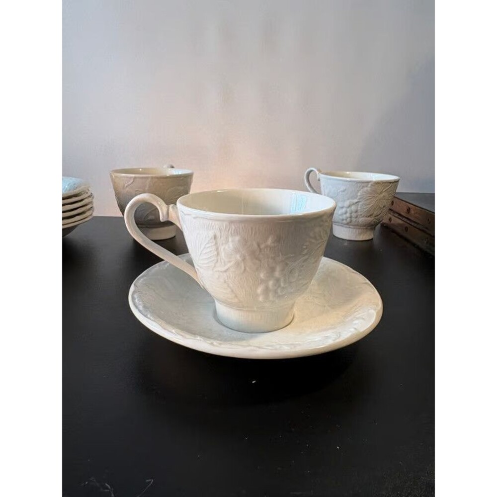 Davenport England White Embossed Tea Set Teapot Cups Saucers